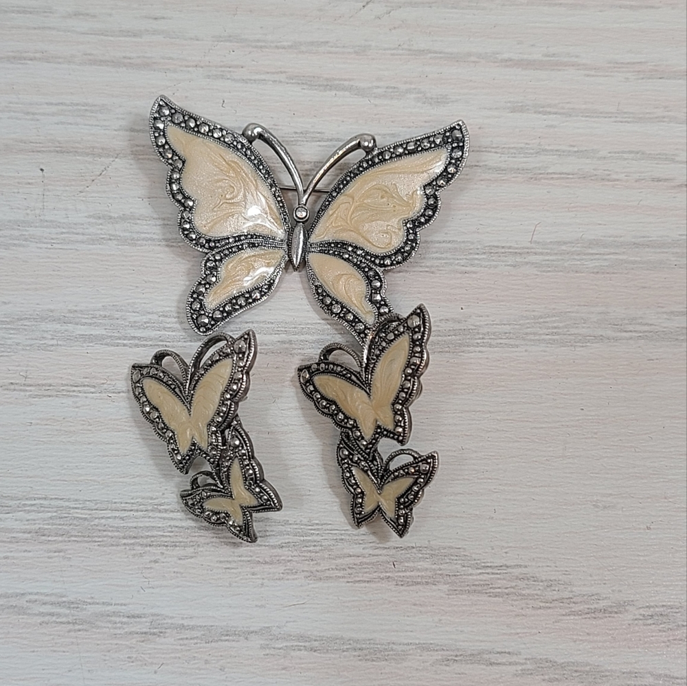 Vintage Ivory/Cream Enamel Butterfly Brooch And Earring Set